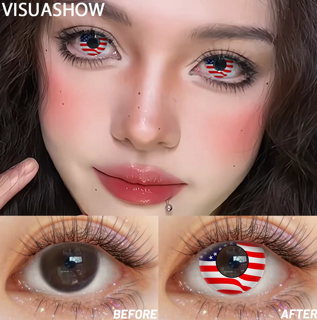 VISUASHOW Independence Day Colored Contact Lenses 2Pcs 6 Months Use National Day & Sports  Fan Party Cosplay Eye Makeup Contacts