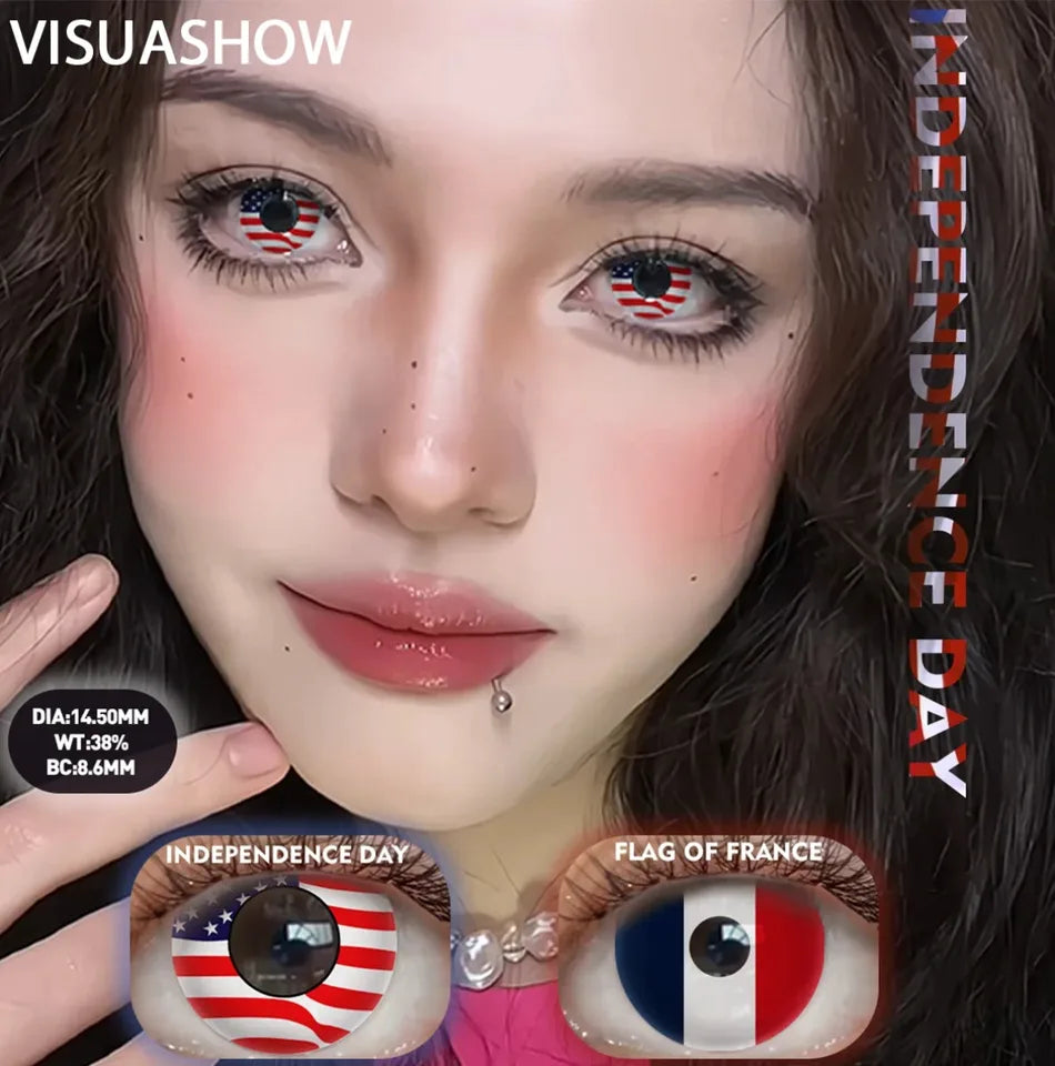 VISUASHOW Independence Day Colored Contact Lenses 2Pcs 6 Months Use National Day & Sports  Fan Party Cosplay Eye Makeup Contacts